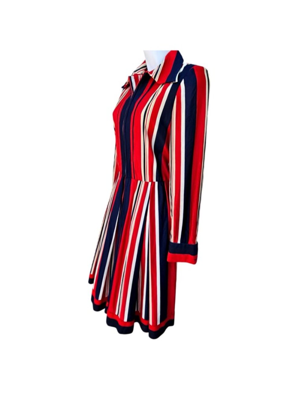 Vintage 70s California Stripe Nylon Knit Dress Red White Blue Zip Front Womens M - Picture 5 of 14
